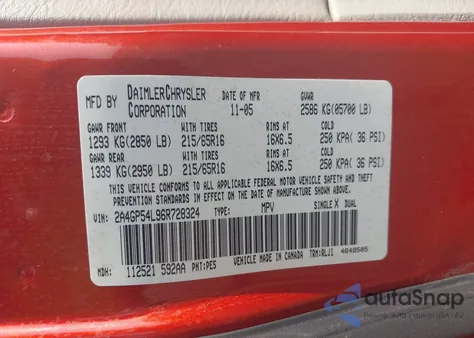 2006 Chrysler Town & Country Touring из США, поврежденный, VIN 2A4GP54L96R728324